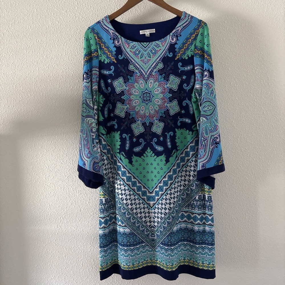 SANDRA DARREN Blue/Multi FLORAL PAISLEY PRINT Bell Sleeve MIDI SHIFT DRESS Sz 16
